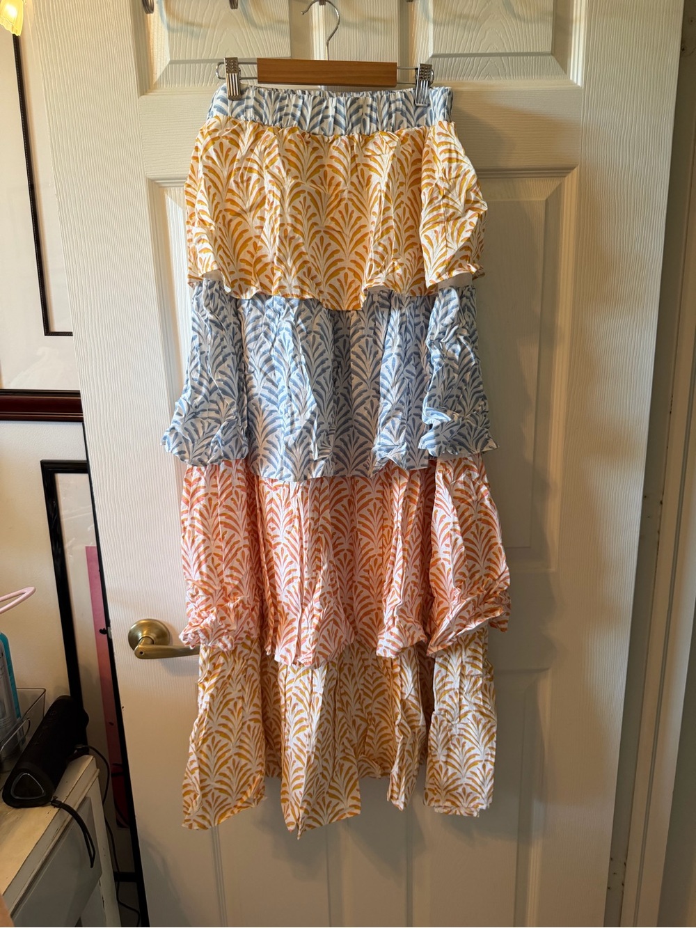 Aura Floral Ruffle Maxi Skirt in Blue, Peach, and Yellow